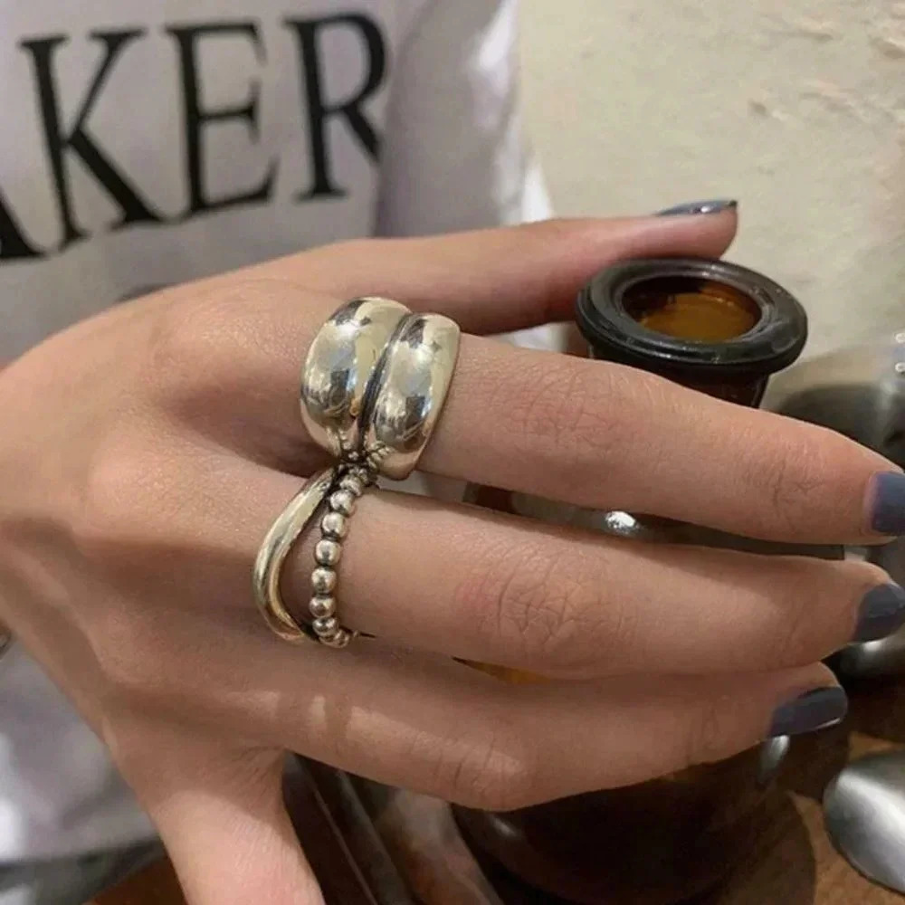 925 Sterling Silver Minimalist Double Dome Ring Thick Ring Band Beaded Ring